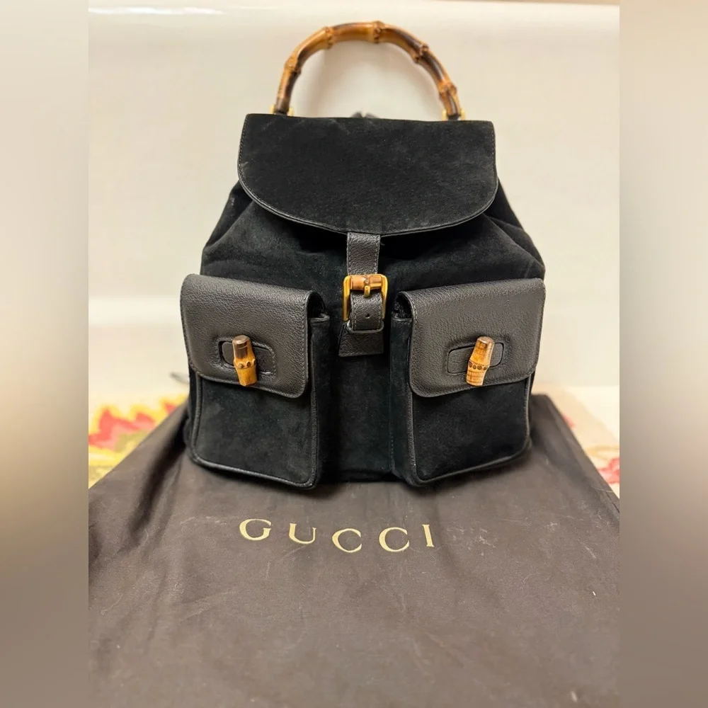 GUCCI‎ Vintage Y2K Unisex Black Suede & Leather Trim Bamboo Medium Backpack