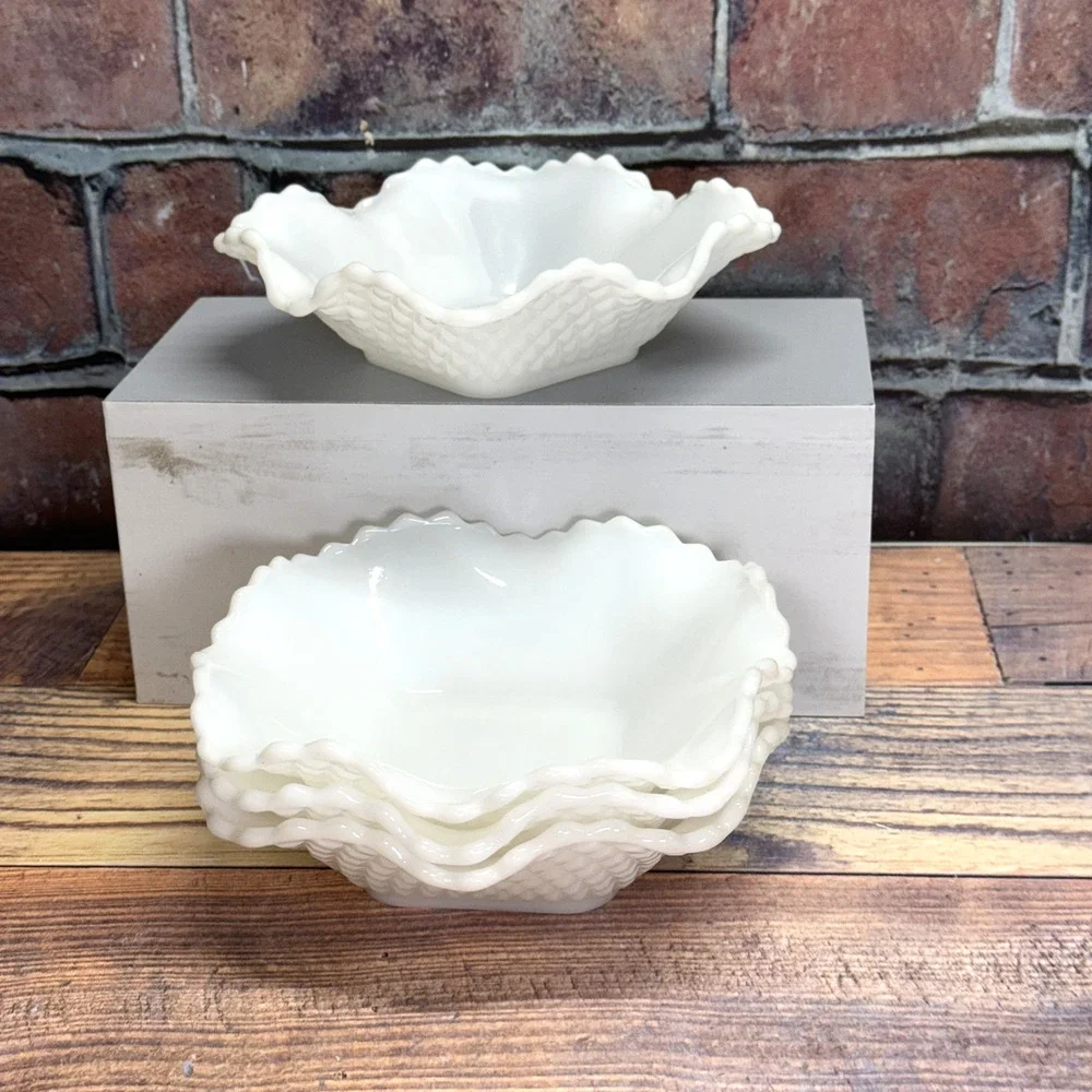 Set of 4 Vintage Hazel Atlas‎ White Milk Glass Diamond Pattern Nut Dishes MCM
