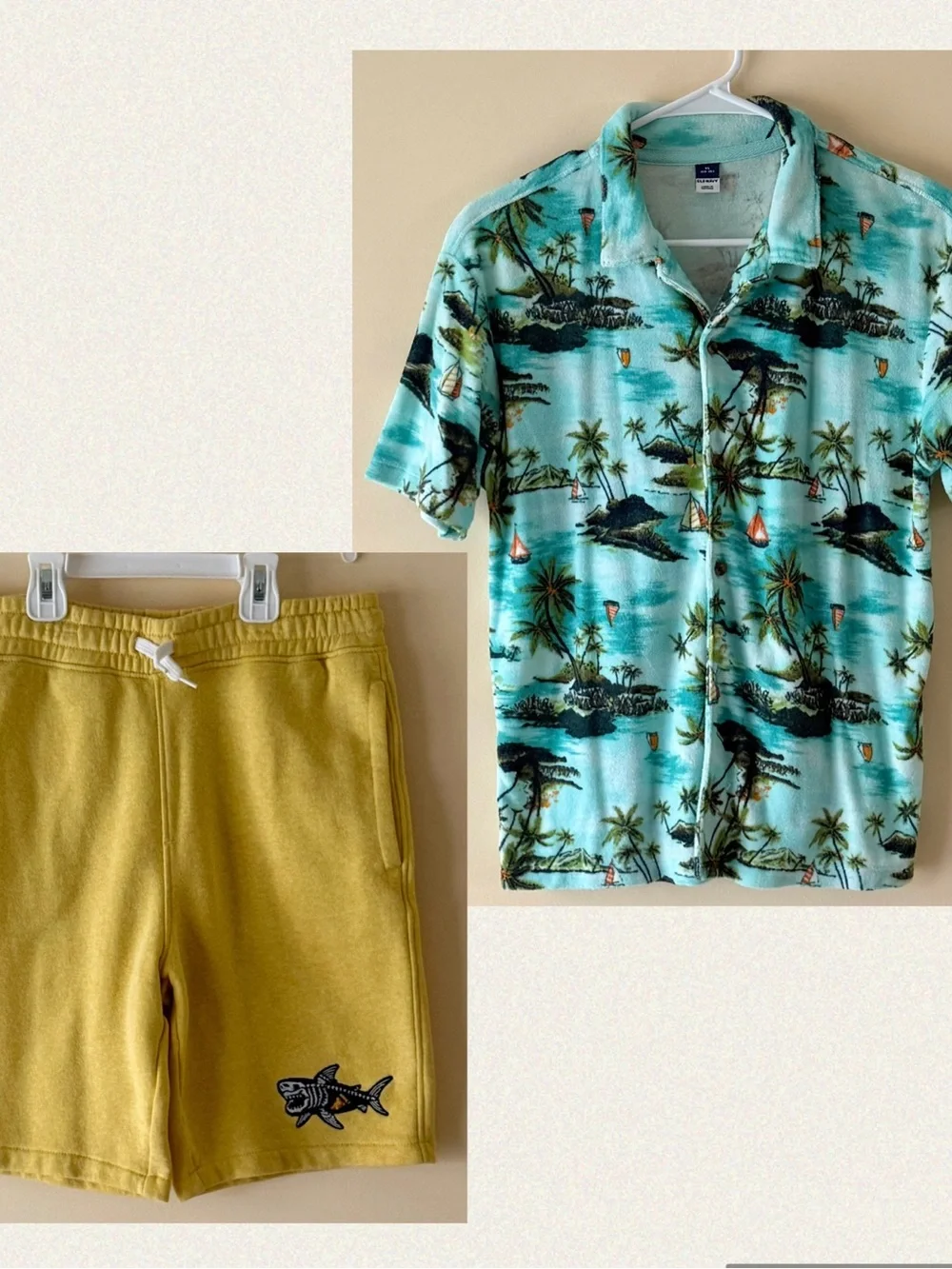 Old Navy Boys Tropical Island Terry Cloth Button-Up Shirt and Shorts, Size 14-16