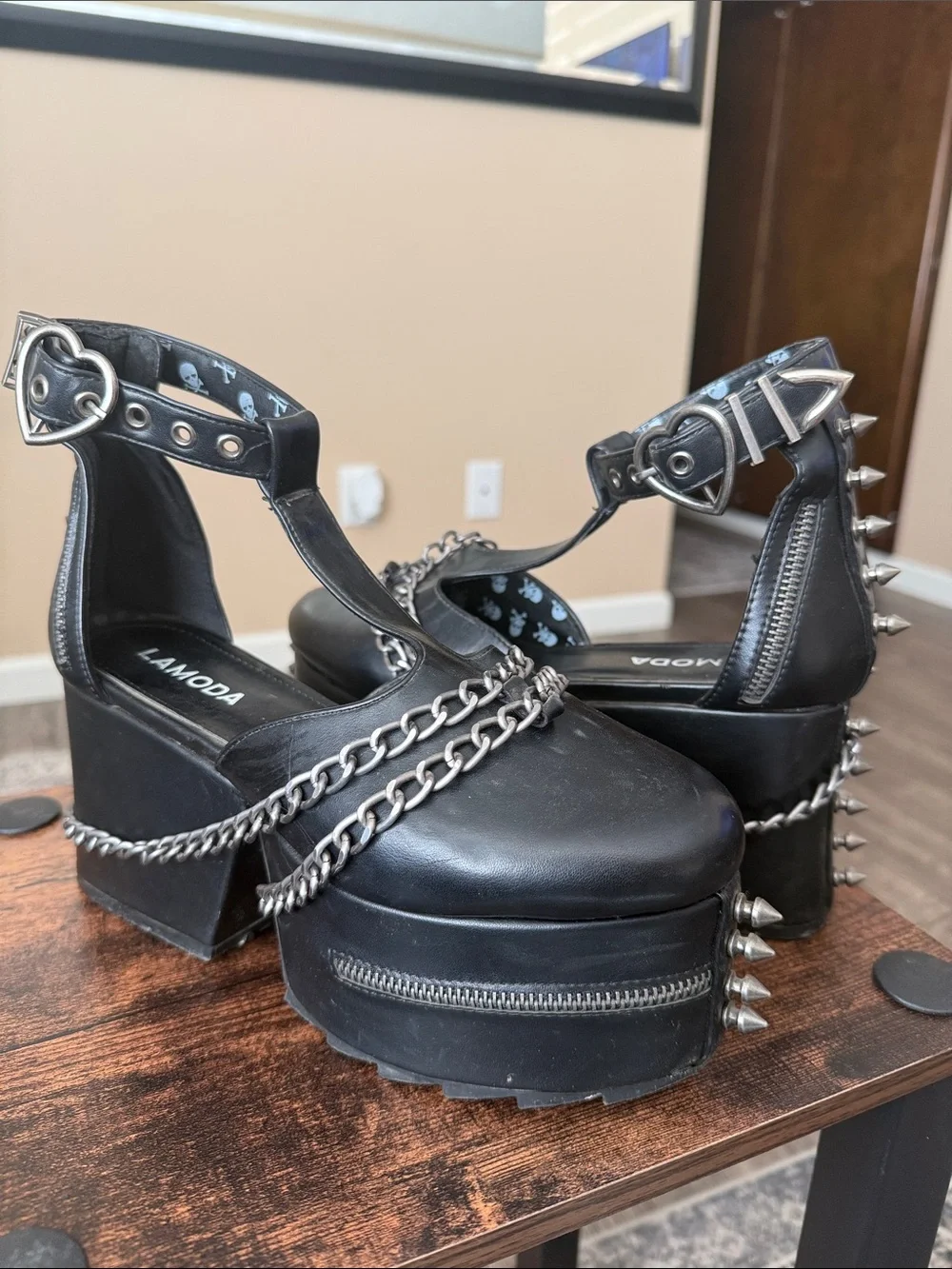 LAMODA Black Platform Mary Janes with Chain & Spike Accents