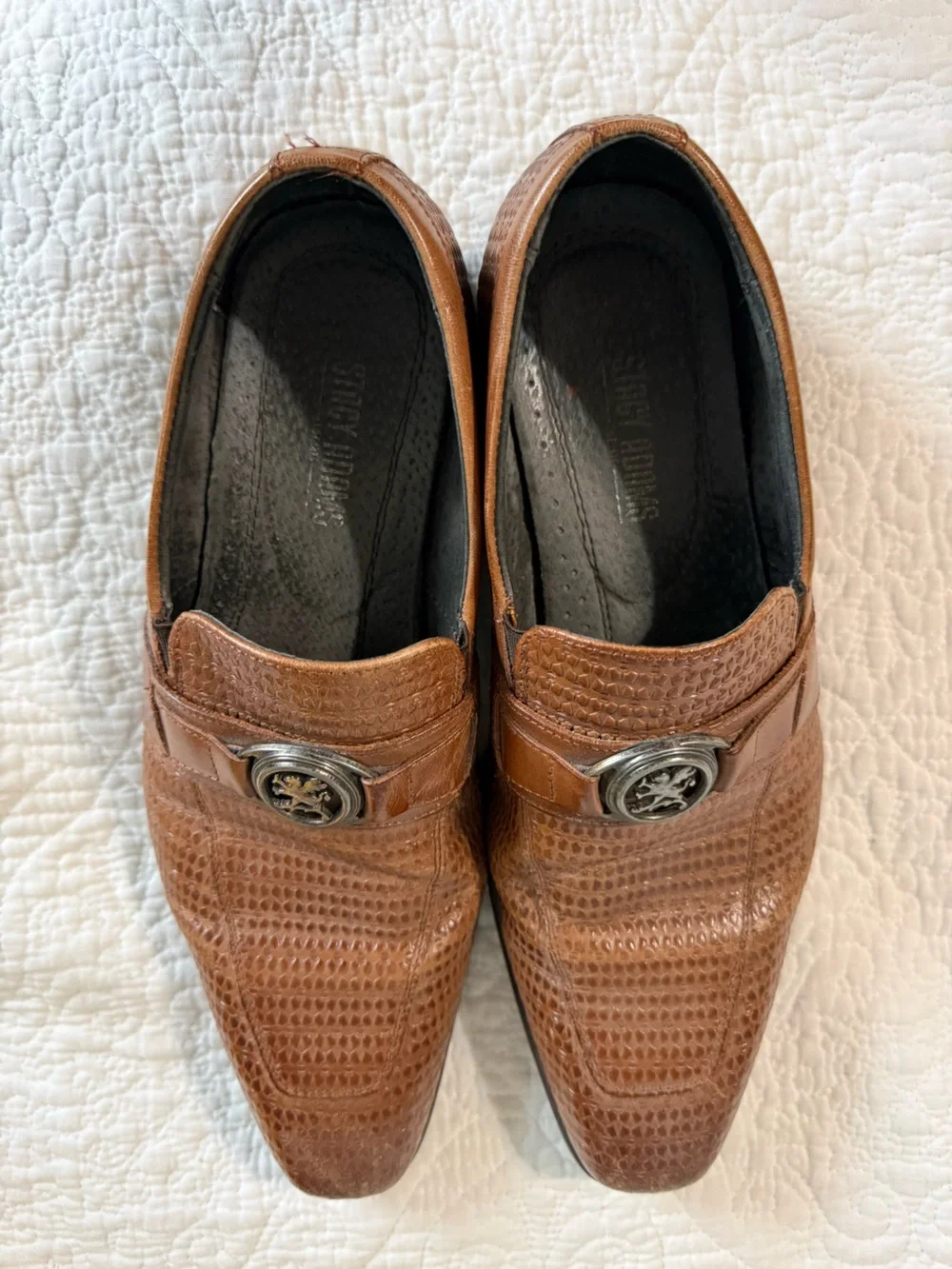Stacy Adams Cognac Textured Leather Slip-On Loafers with Metal Emblem