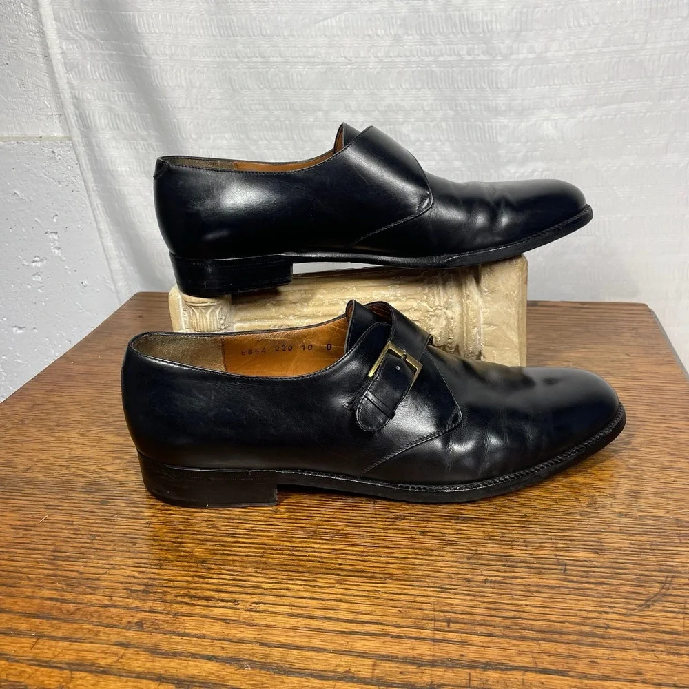 Salvatore Ferragamo Mens Black Leather Single Monk Strap Dress Shoes 10D Italy