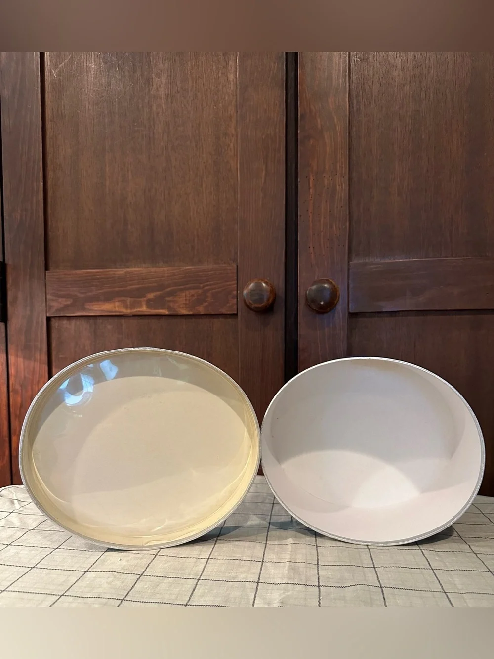Heavy cardboard • oval lidded box • in new condition • blue w/silver trim