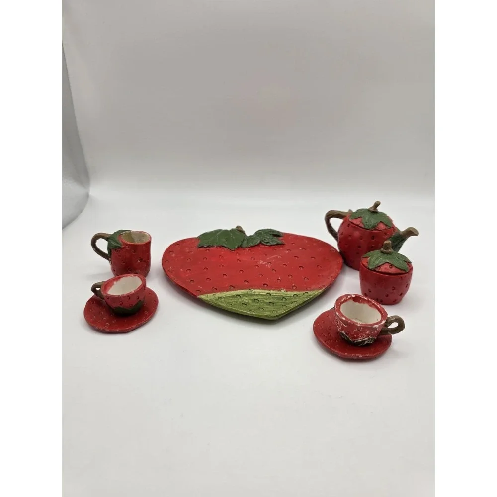 Strawberry Miniature Tea Set Red Strawberries VINTAGE - Resin Teapot Teacups