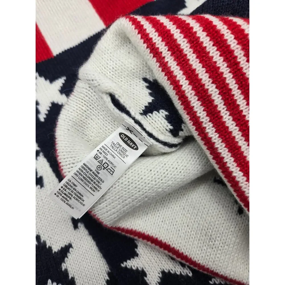 Old Navy American Flag Knit Scarf & Pom Beanie Hat Set Red White Blue OS