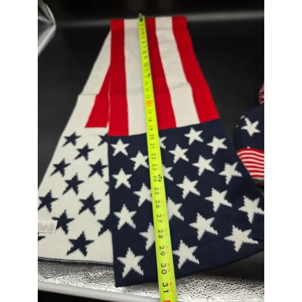 Old Navy American Flag Knit Scarf & Pom Beanie Hat Set Red White Blue OS
