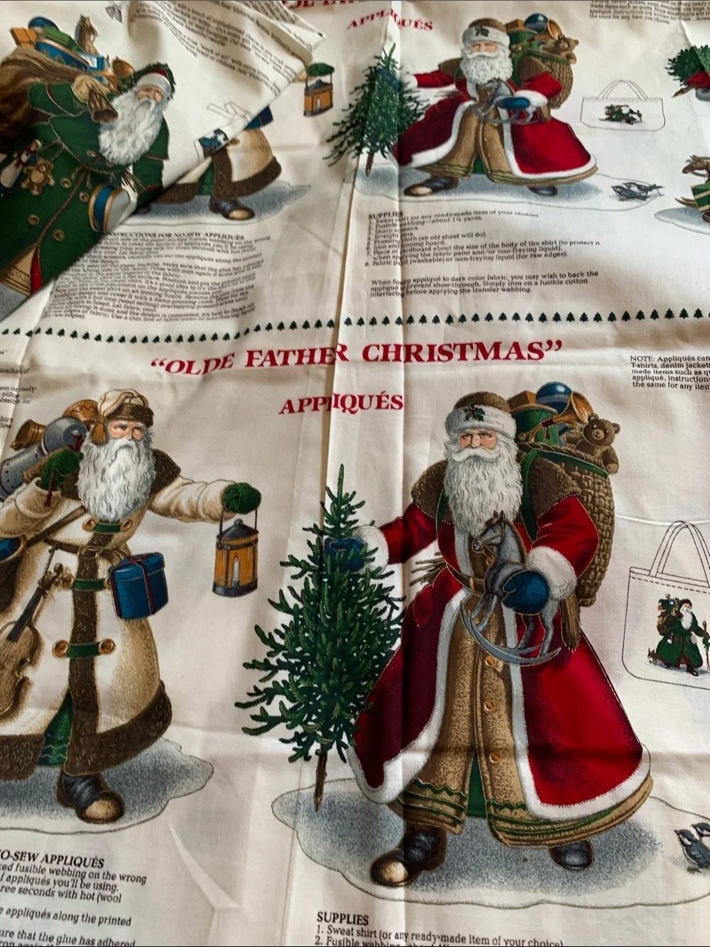 Olde Father Christmas Holiday Fabric Panel - Red & Green Santa Print 16 panels