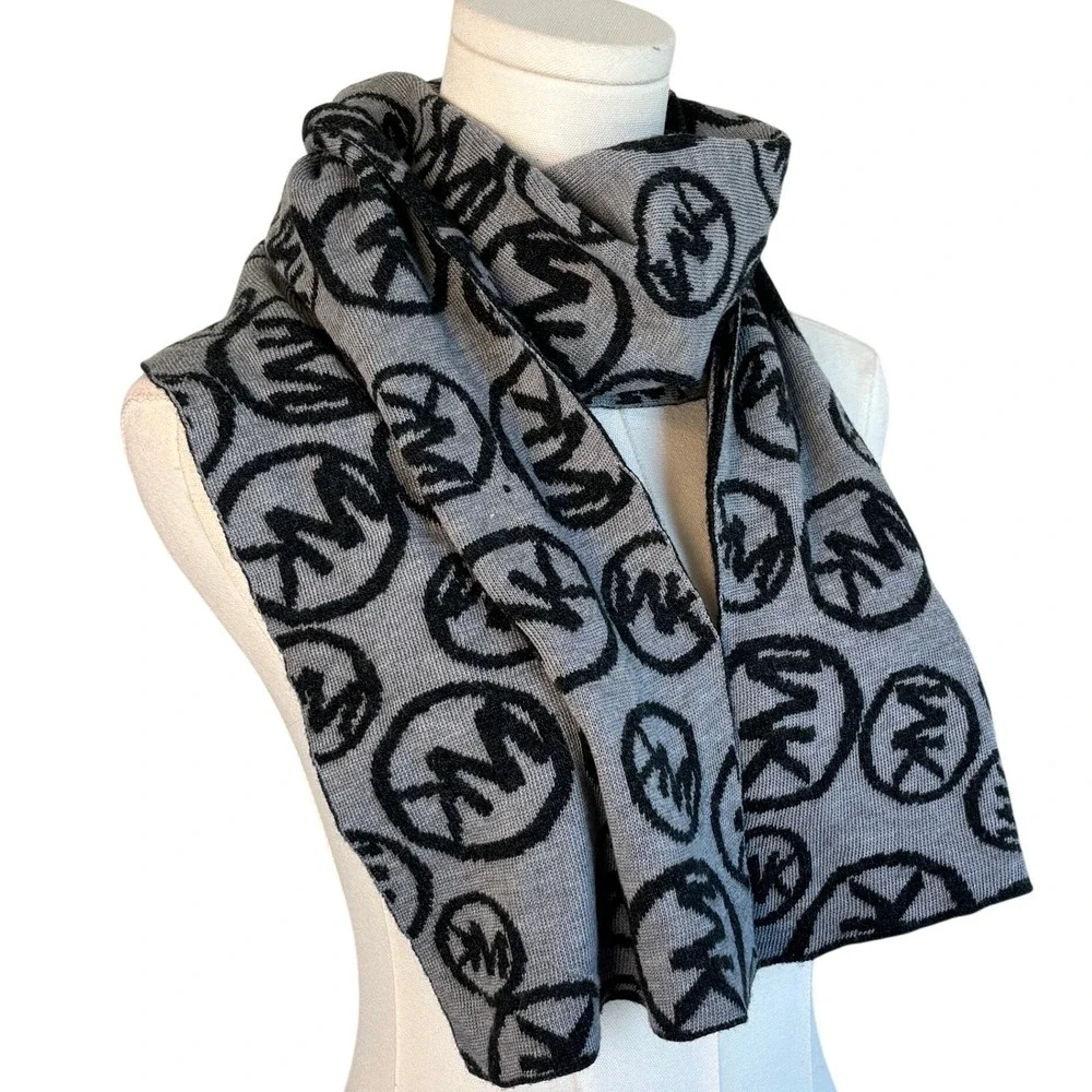 Michael Kors Scarf Bundle Cream Grey Logo Knit Wool Blend 2pc Set