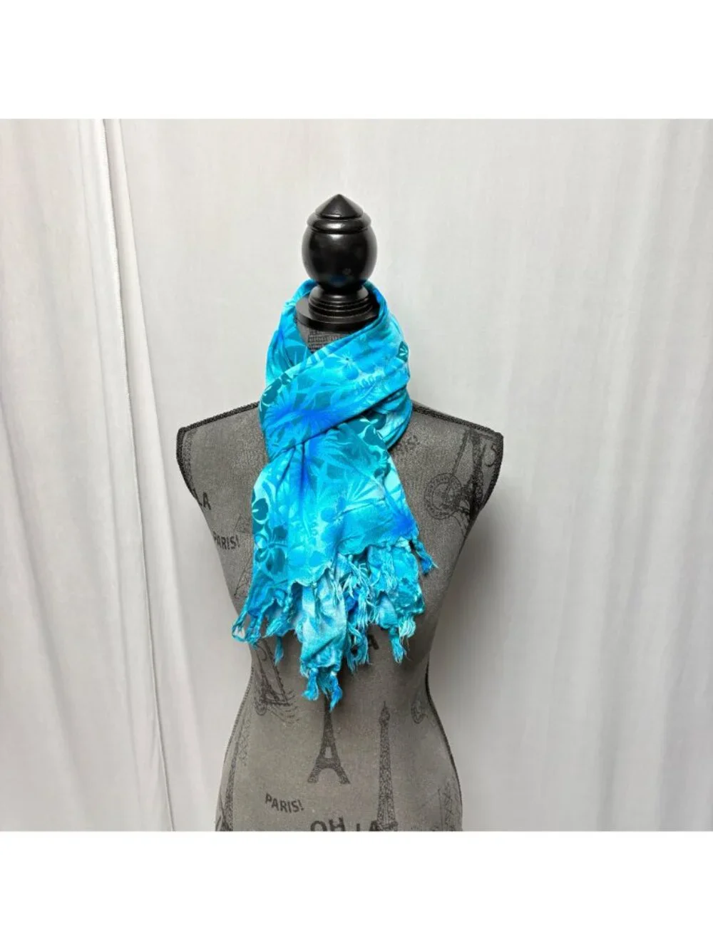 Hawaiian Floral Blue Scarf Fringe Shawl Sarong Wrap Cover Up Fashion Accessory