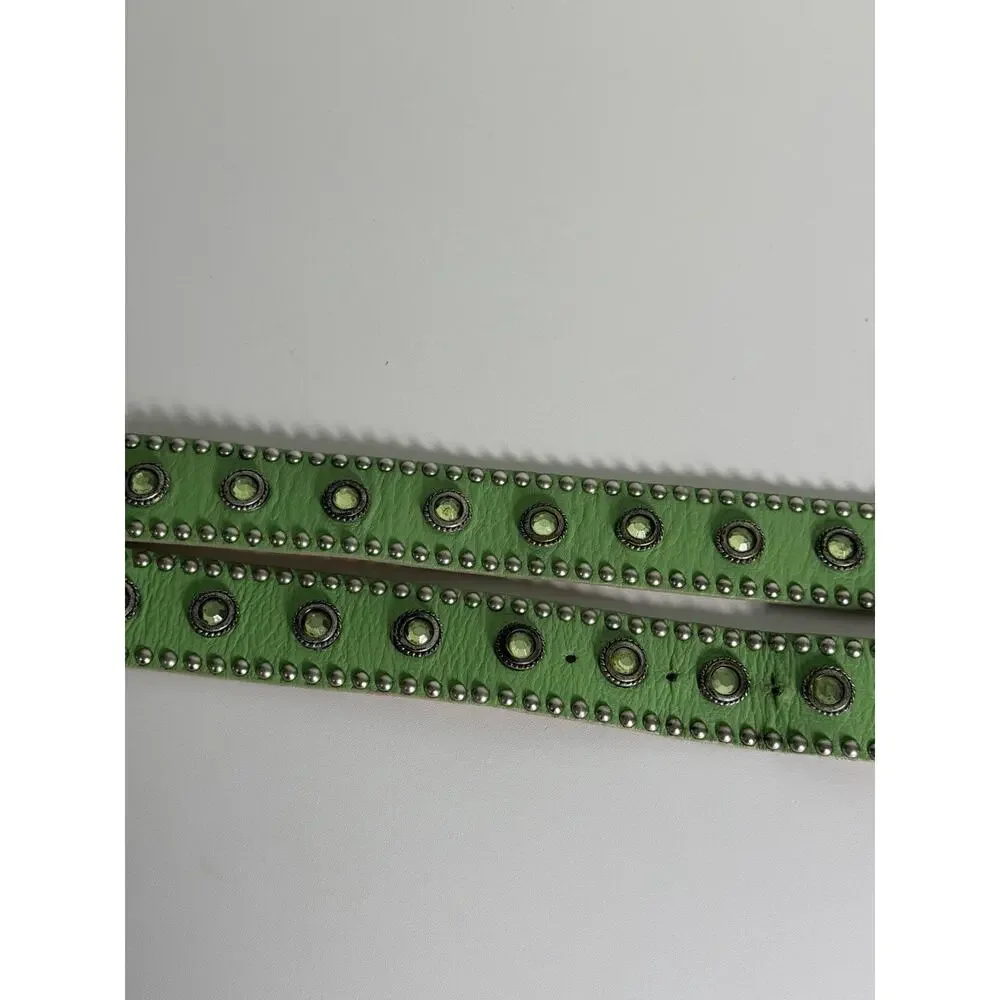 LEATHEROCK Belt Size 34 Leather Green Embellished Rhinestone Gems Studded 1594