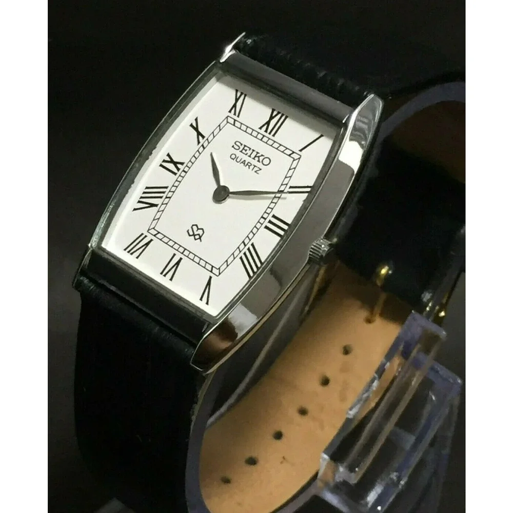 Vintage Style Seiko Quartz Mens Silver Watch & White accents W/ Leather Strap