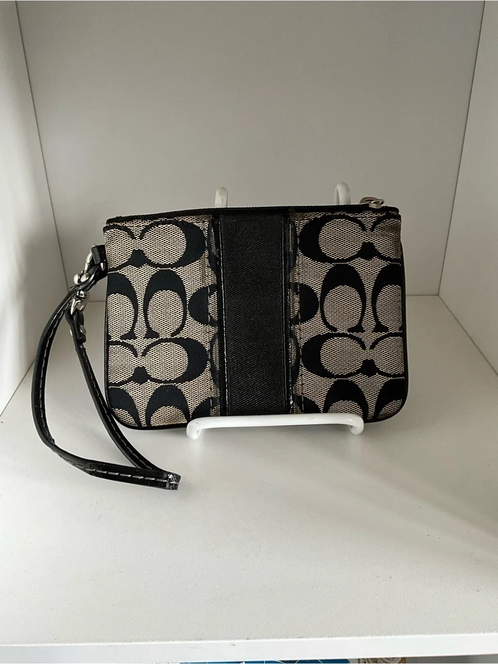 Coach Signature Canvas Wristlet in Black and Tan