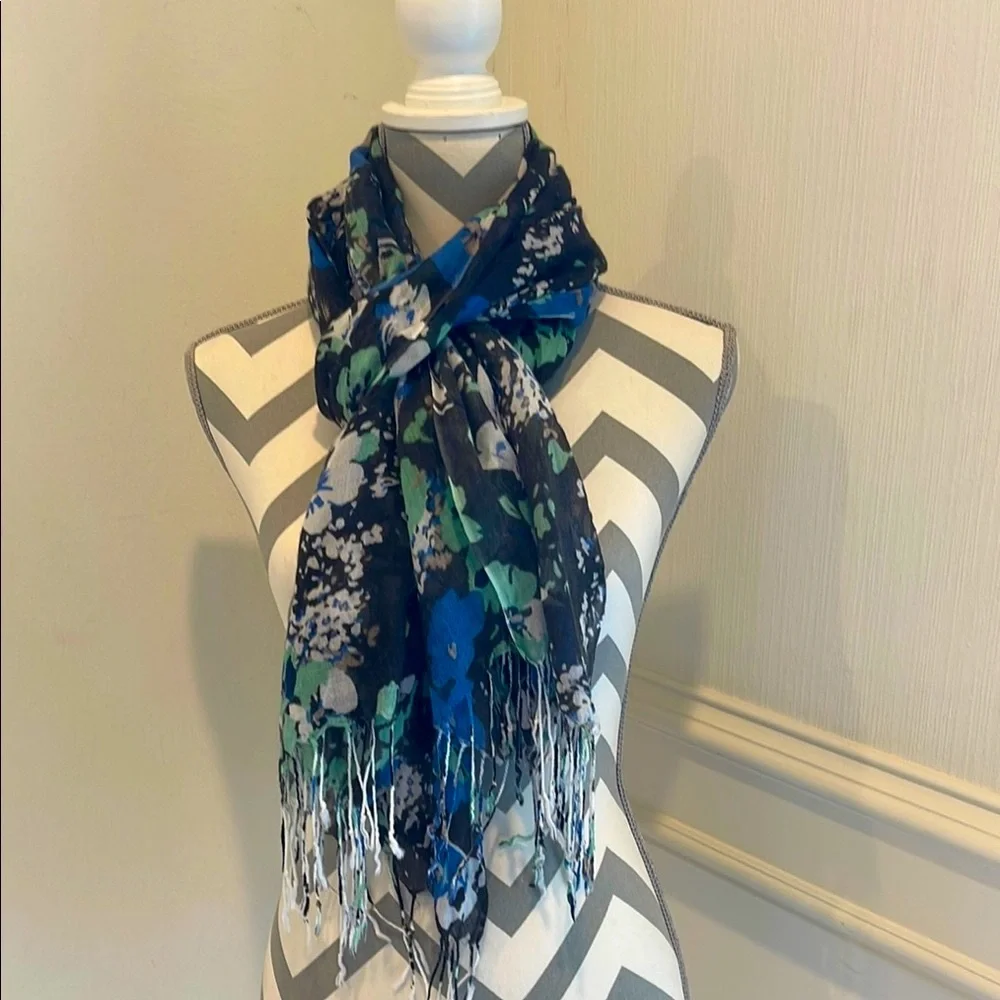 Floral Blue Black Scarf Women's Shawl Patterned Botanical Soft Lightweight Wrap