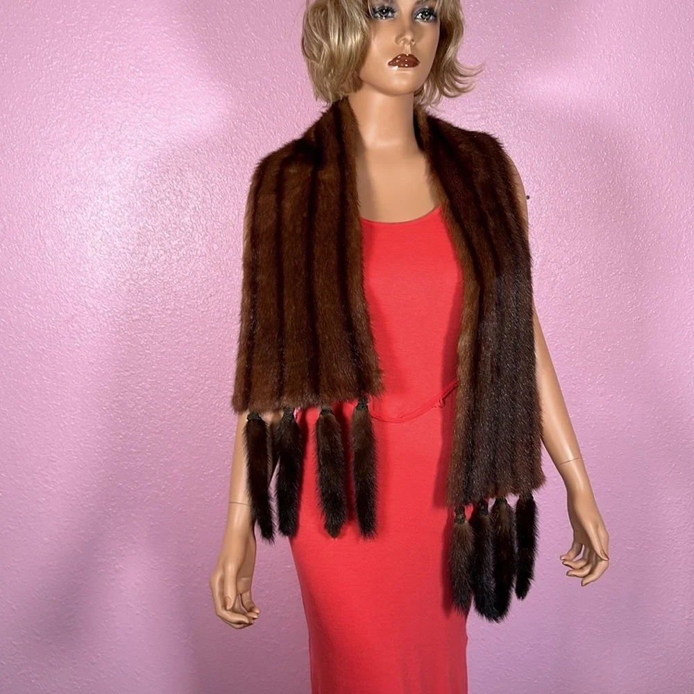 GENUINE MINK AND TAILS SCARF Shawl Stole Brown striped 1940s fantastic condition