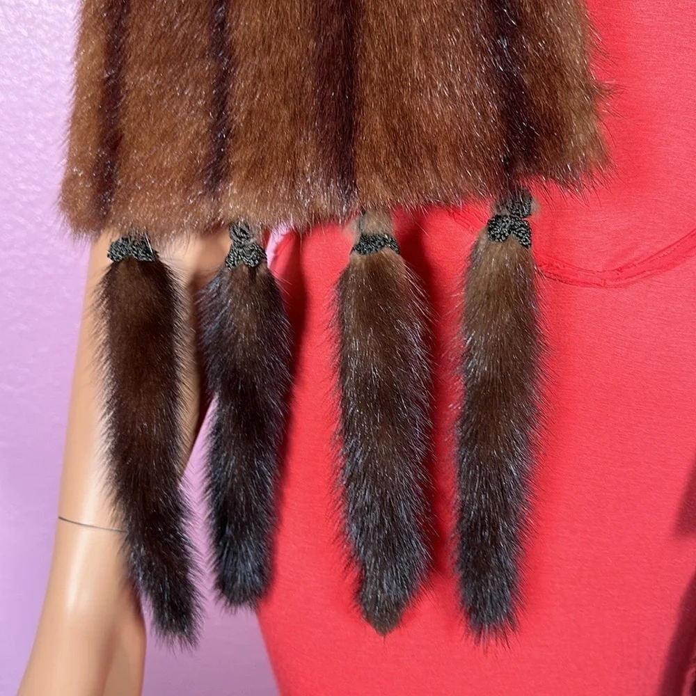GENUINE MINK AND TAILS SCARF Shawl Stole Brown striped 1940s fantastic condition
