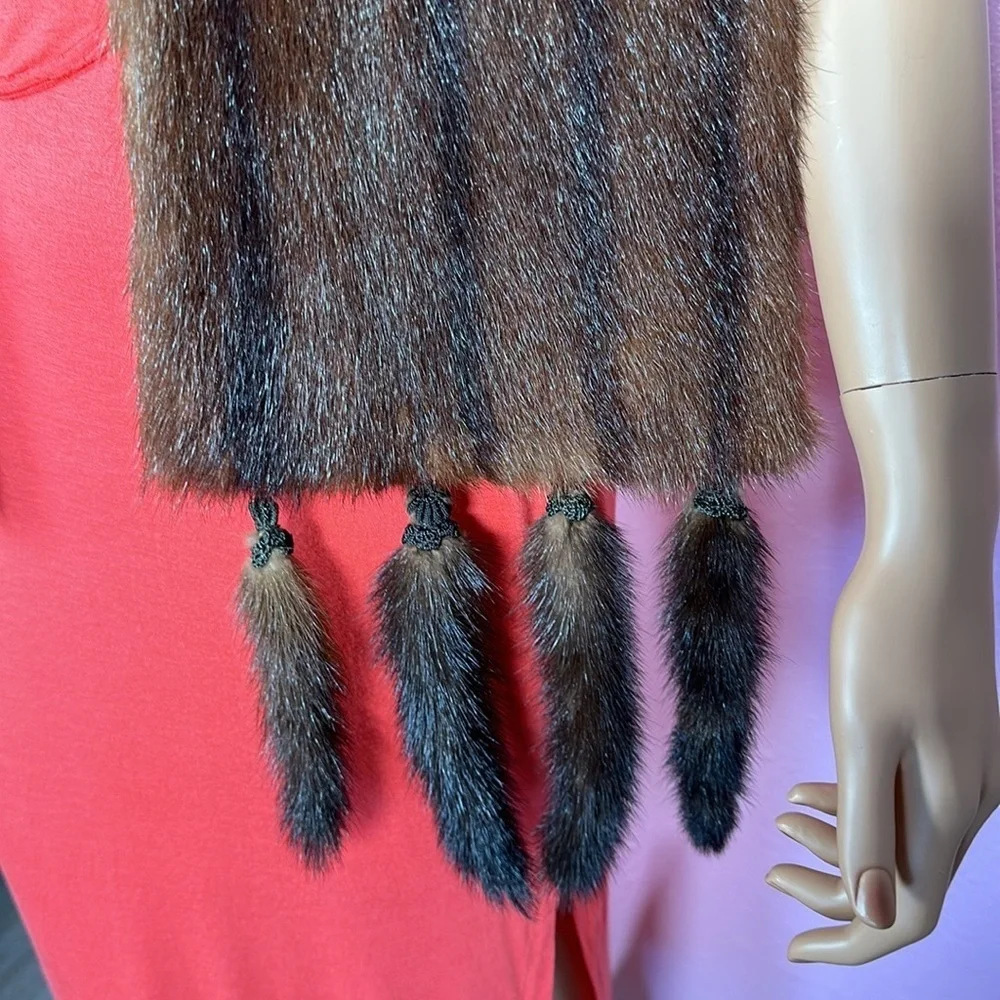 GENUINE MINK AND TAILS SCARF Shawl Stole Brown striped 1940s fantastic condition