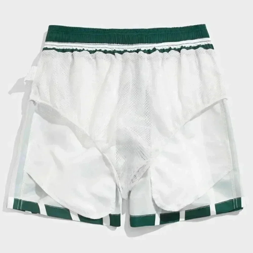 Green Vacation Style Striped Men's Swim Trunks
