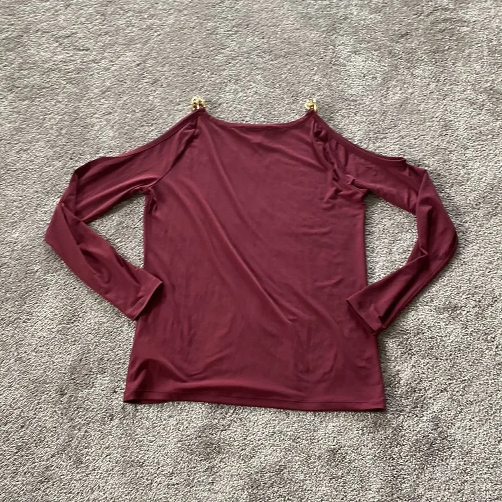 Michael Kors Maroon Cold Shoulder Chain Strap Top Trendy Chic SIZE S