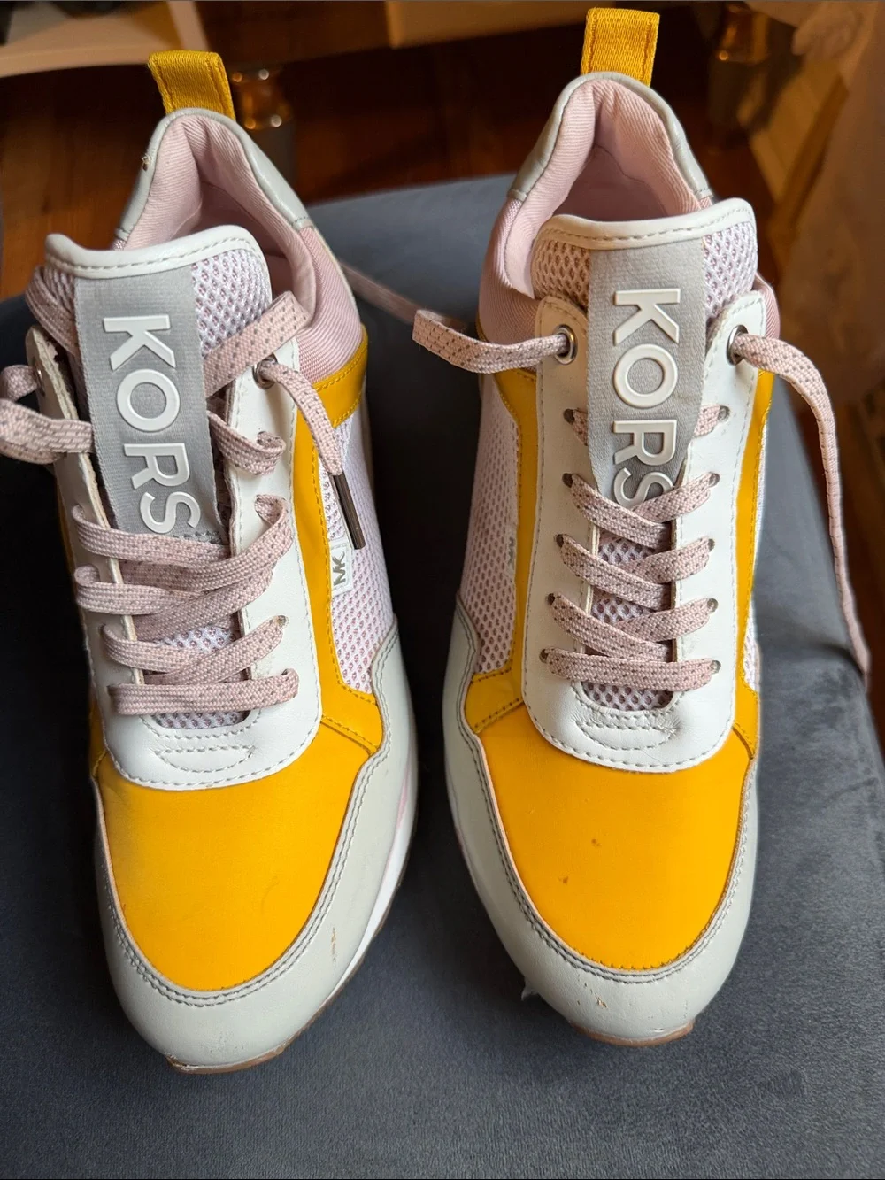 Michael Kors Yellow and Blush Pink Mixed-Media Sneakers 7.5