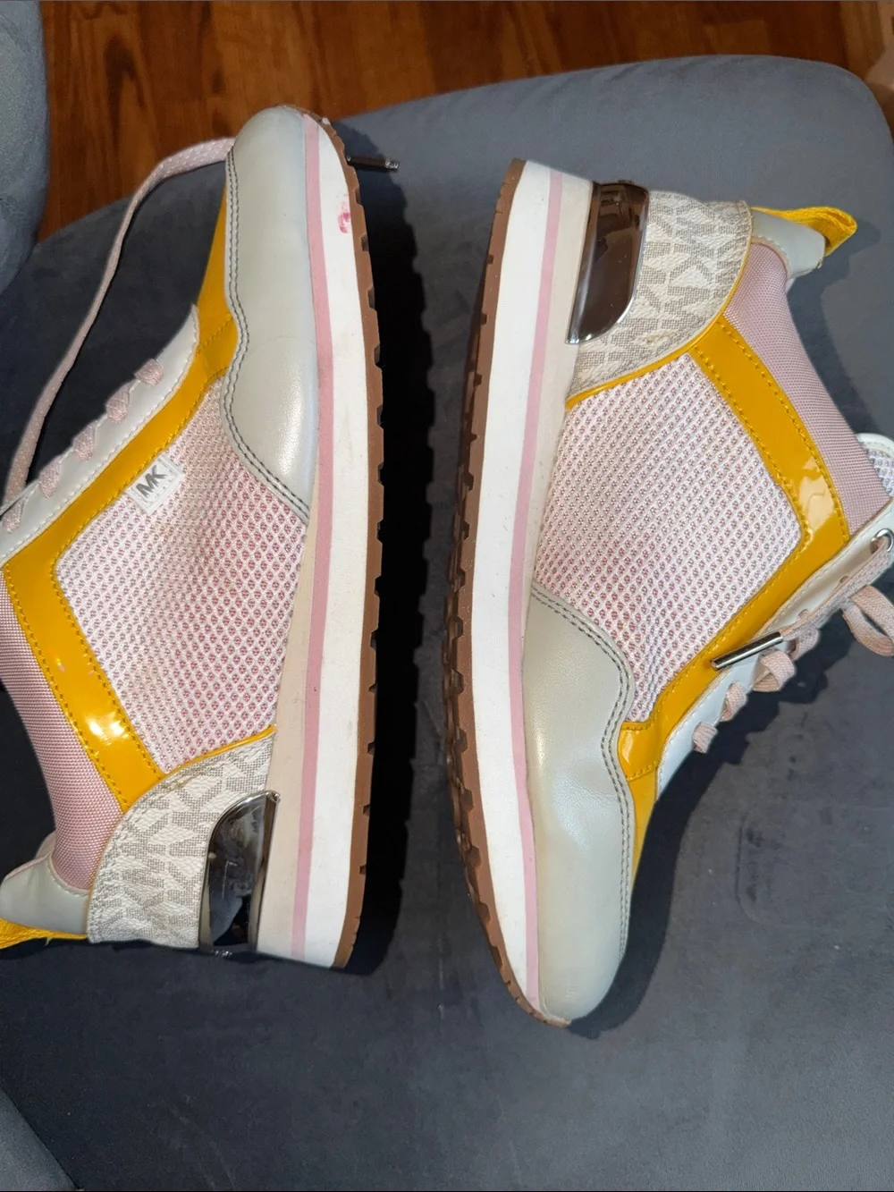 Michael Kors Yellow and Blush Pink Mixed-Media Sneakers 7.5