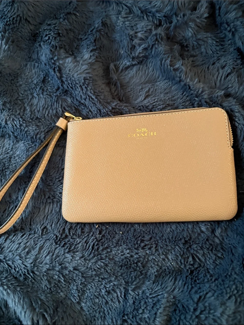 Coach Tan Pebbled Leather Wristlet with Gold Accent