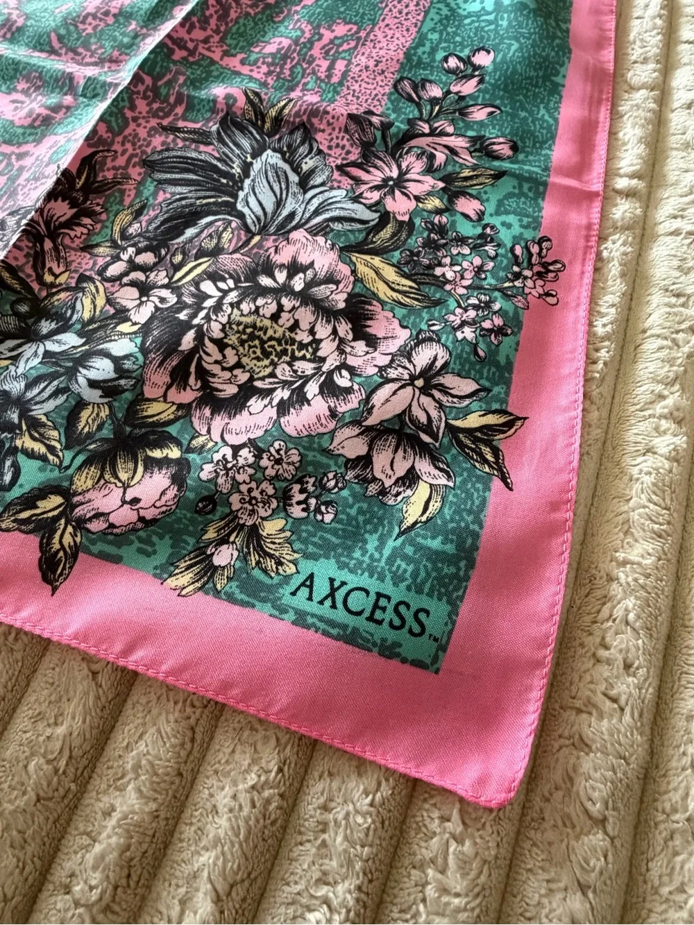 Axcess Pink and Green Floral Silk-Feel Square Scarf