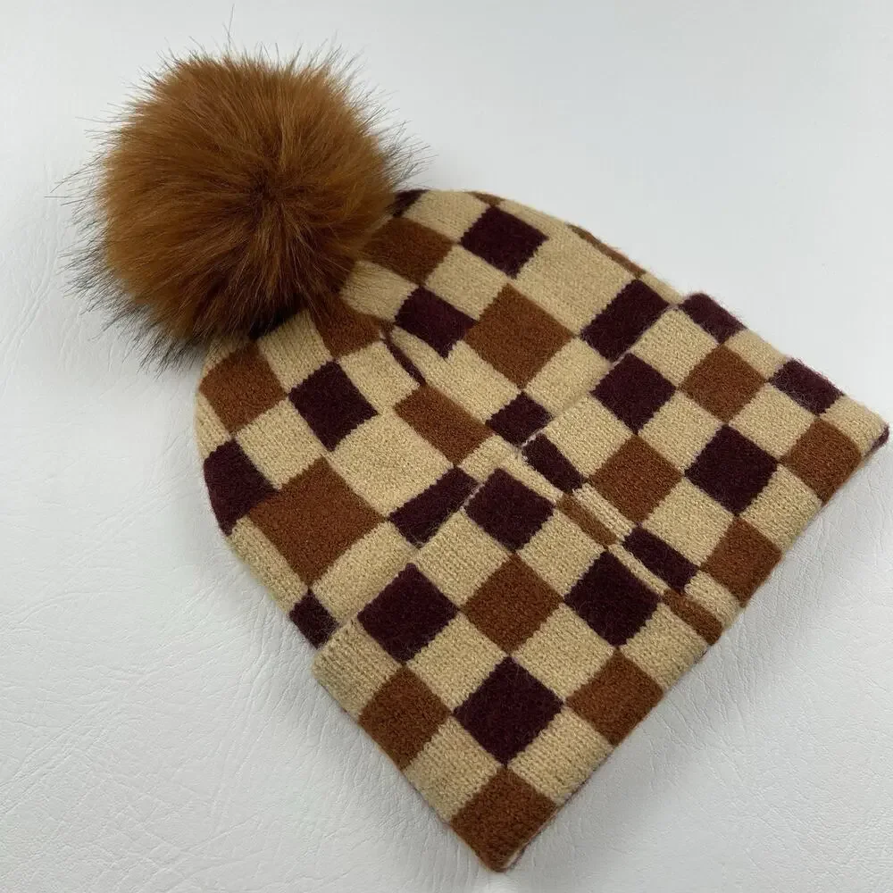 Women’s Checkered Knit Beanie Hat Faux Fur Pom Brown Tan One Size Winter Cap