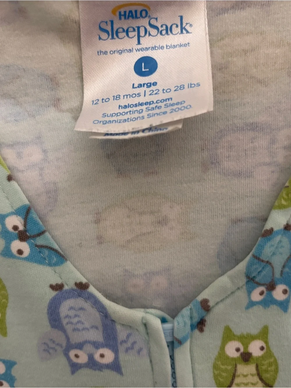 HALO SleepSack 100% Cotton Wearable Blanket Blue Green Owl Print Large 12-18M