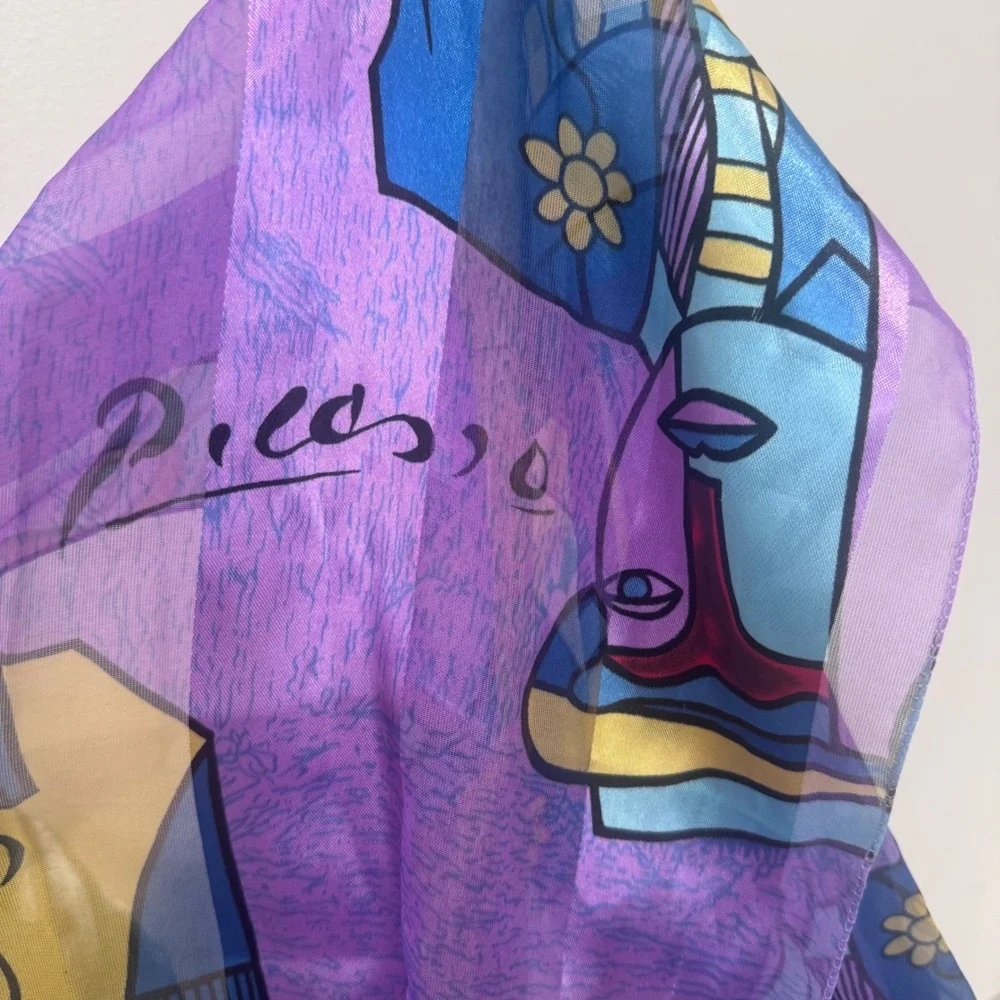 Picasso Inspired Art Scarf Set Cubist Portrait Square & Long Sheer Bundle