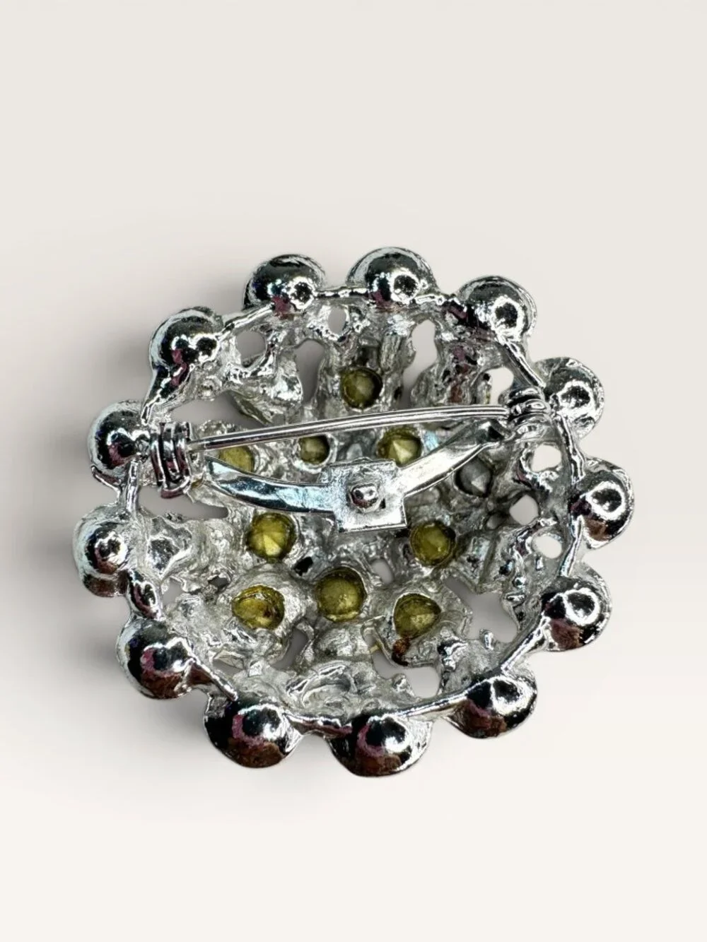 1960s Aurora Borealis Rhinestone Cluster Brooch Round Silver Tone Vintage