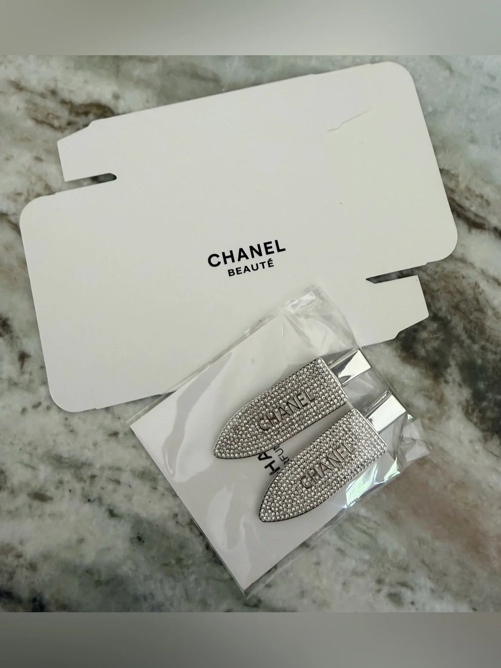 Chanel Beaute Silver Tone Crystals Set Of 2 Barrettes NEW SEALED w Original Box