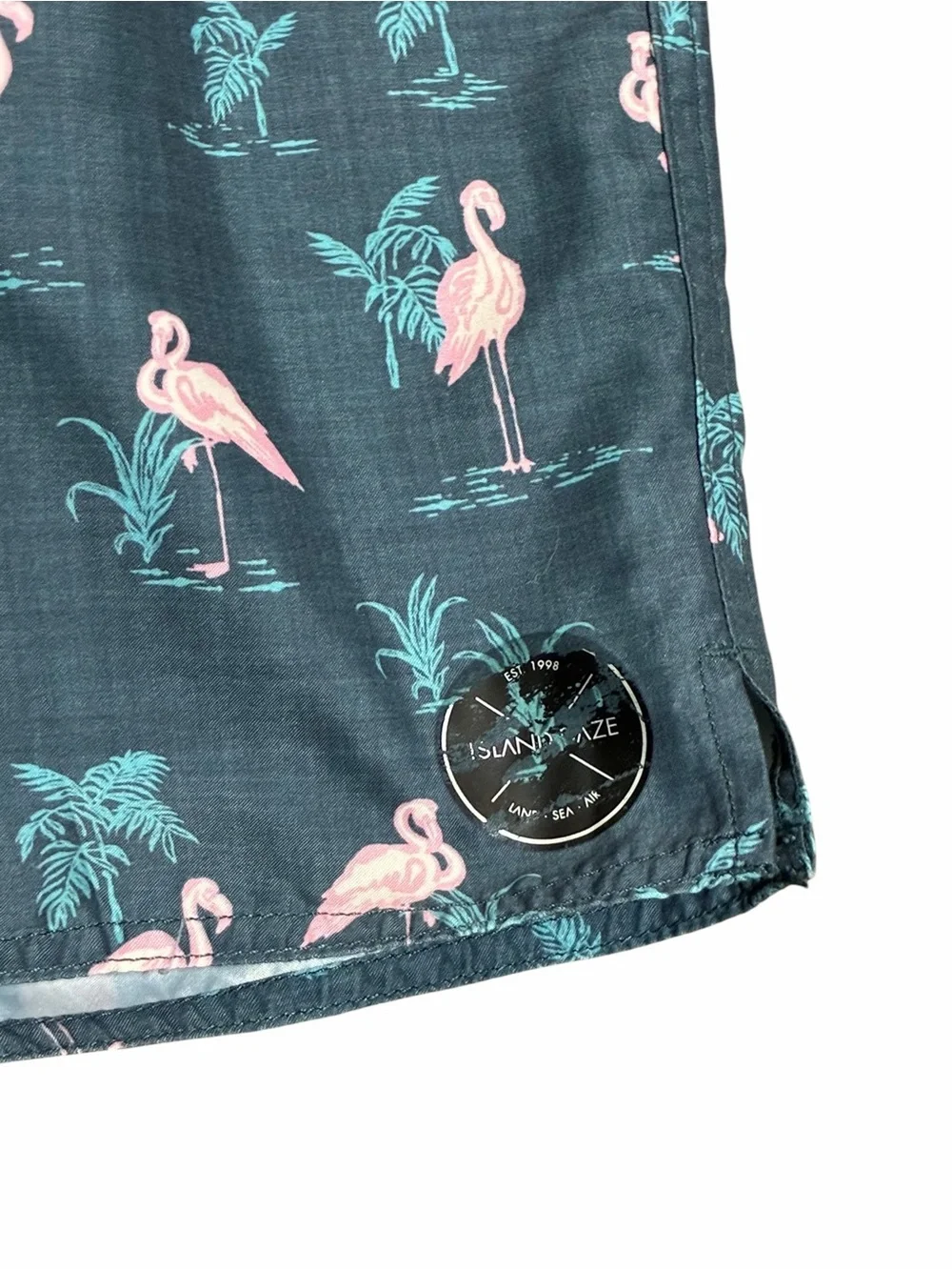 Island Daze Board Shorts Large Trunks Pink Flamingo Novelty Unlined Swim Stretch