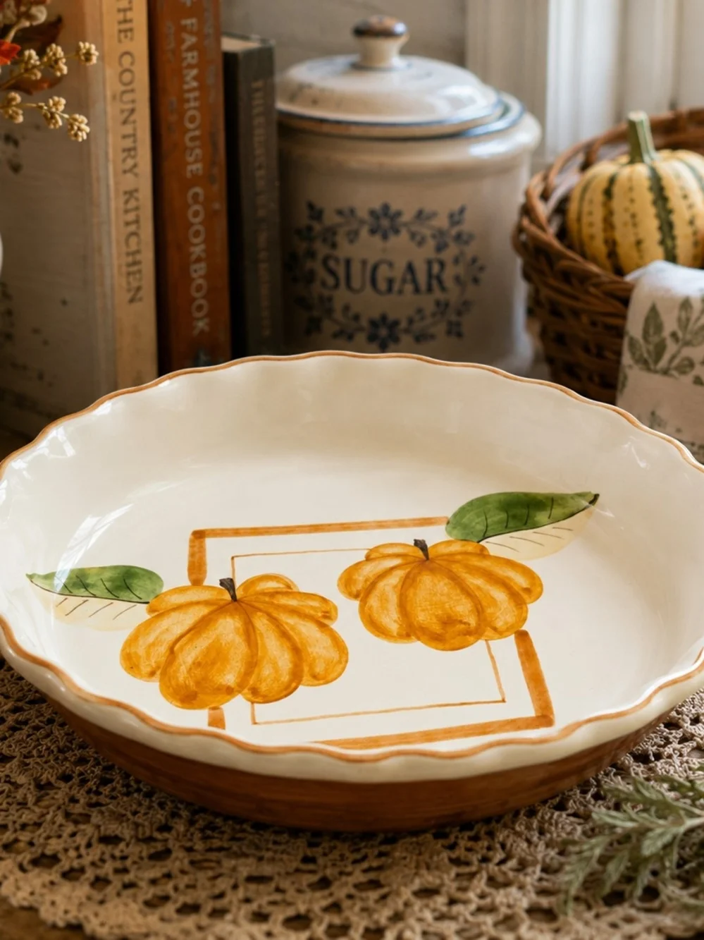 Hand-Painted Pumpkin Ceramic Serving Bowl — Cream and Orange