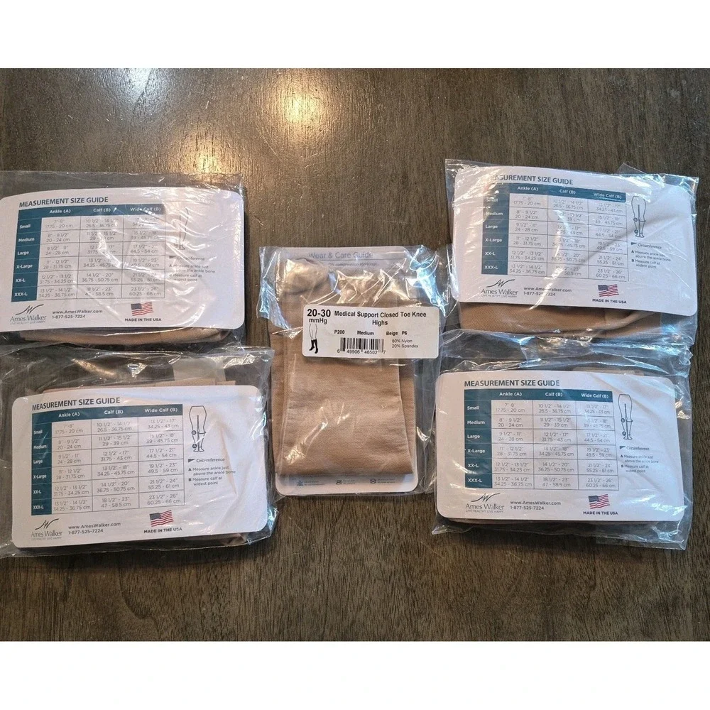 5 Ames Walker 20-30 mmHg Medical Support Closed Tie Knee Highs Lg Beige Sealed