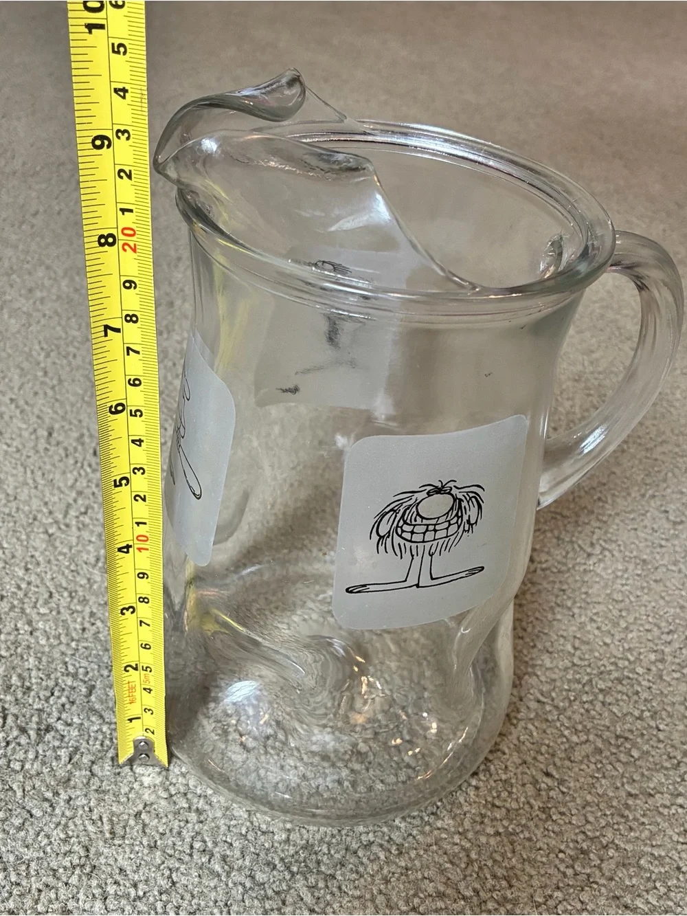 B C Comics Johnny Hart Grog 64 OZ Pitcher Dimpled Bottom Clear Glass 1970s