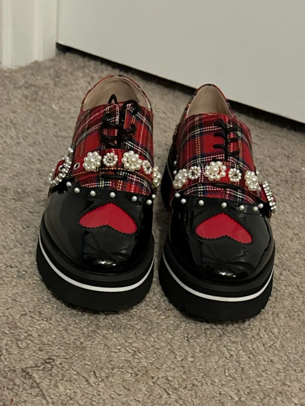Cool Betsey Johnson size 7.5 red plaid lace up embellished Simonee shoes new