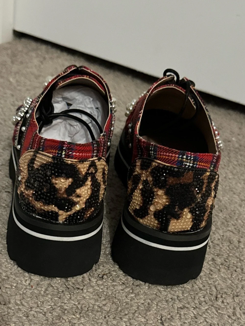 Cool Betsey Johnson size 7.5 red plaid lace up embellished Simonee shoes new