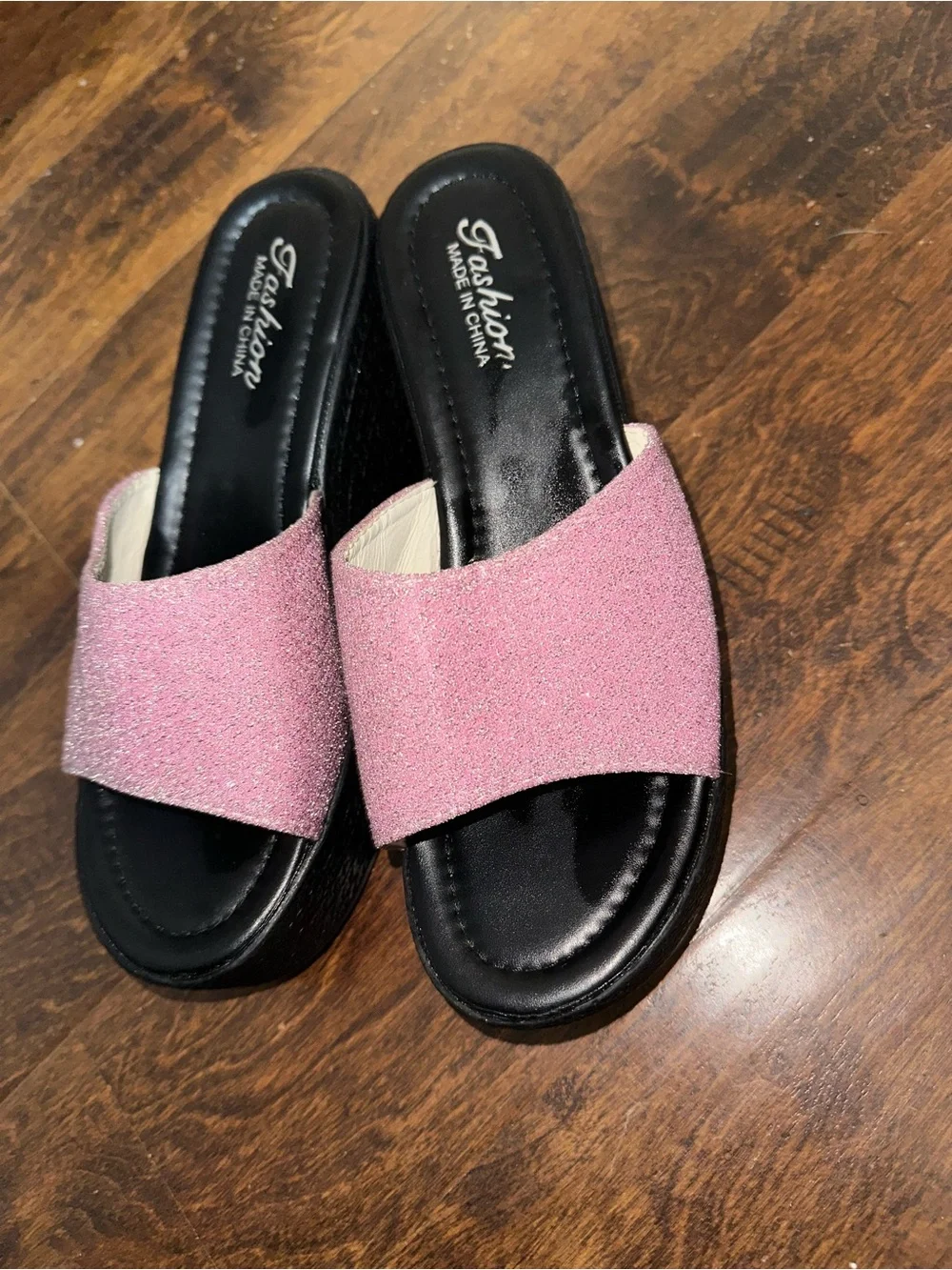 Women's Pink Glitter Platform Slide Sandals - Comfortable Black Sole