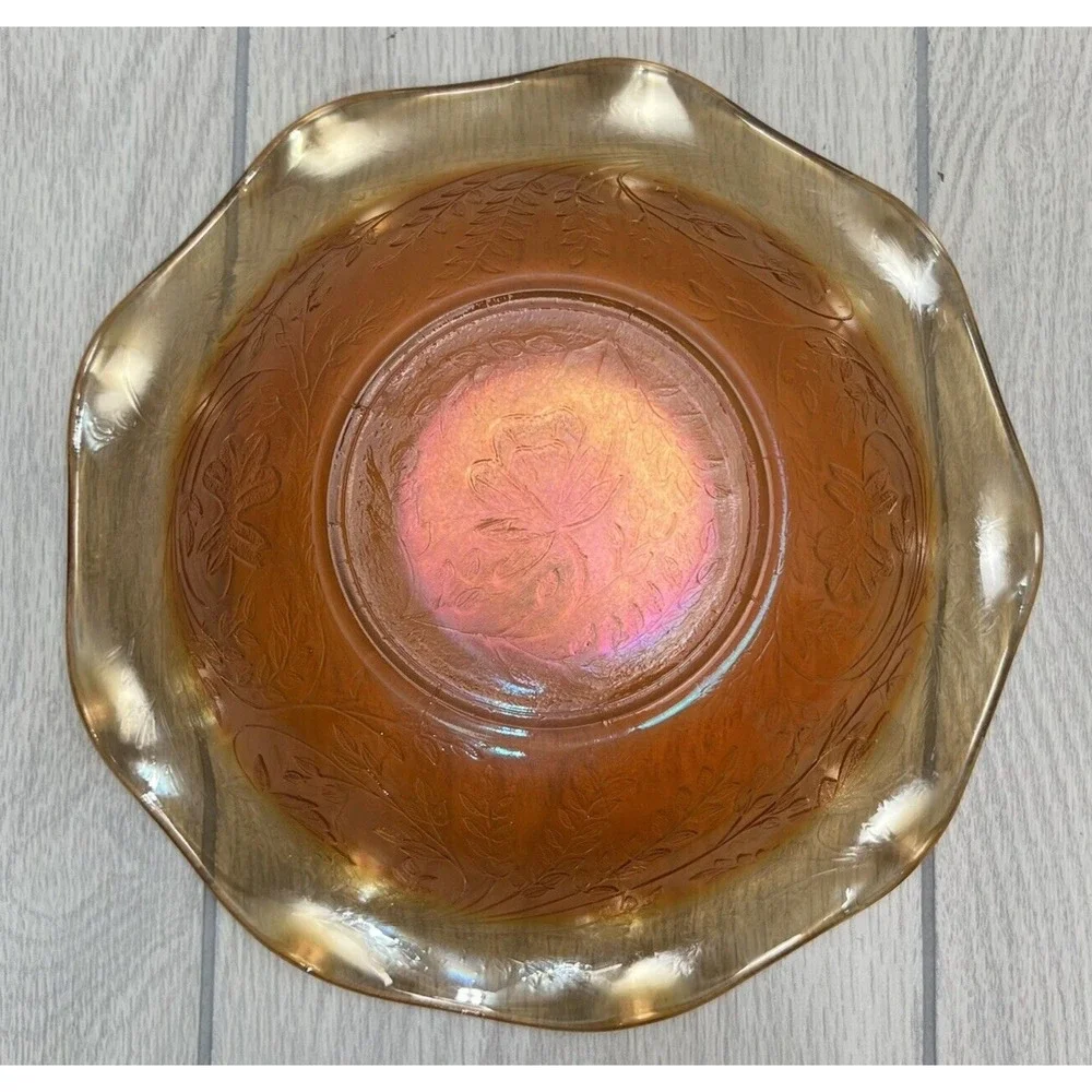 Vintage Marigold Carnival Glass Footed Bowl With Floral Pattern Fruit Serving