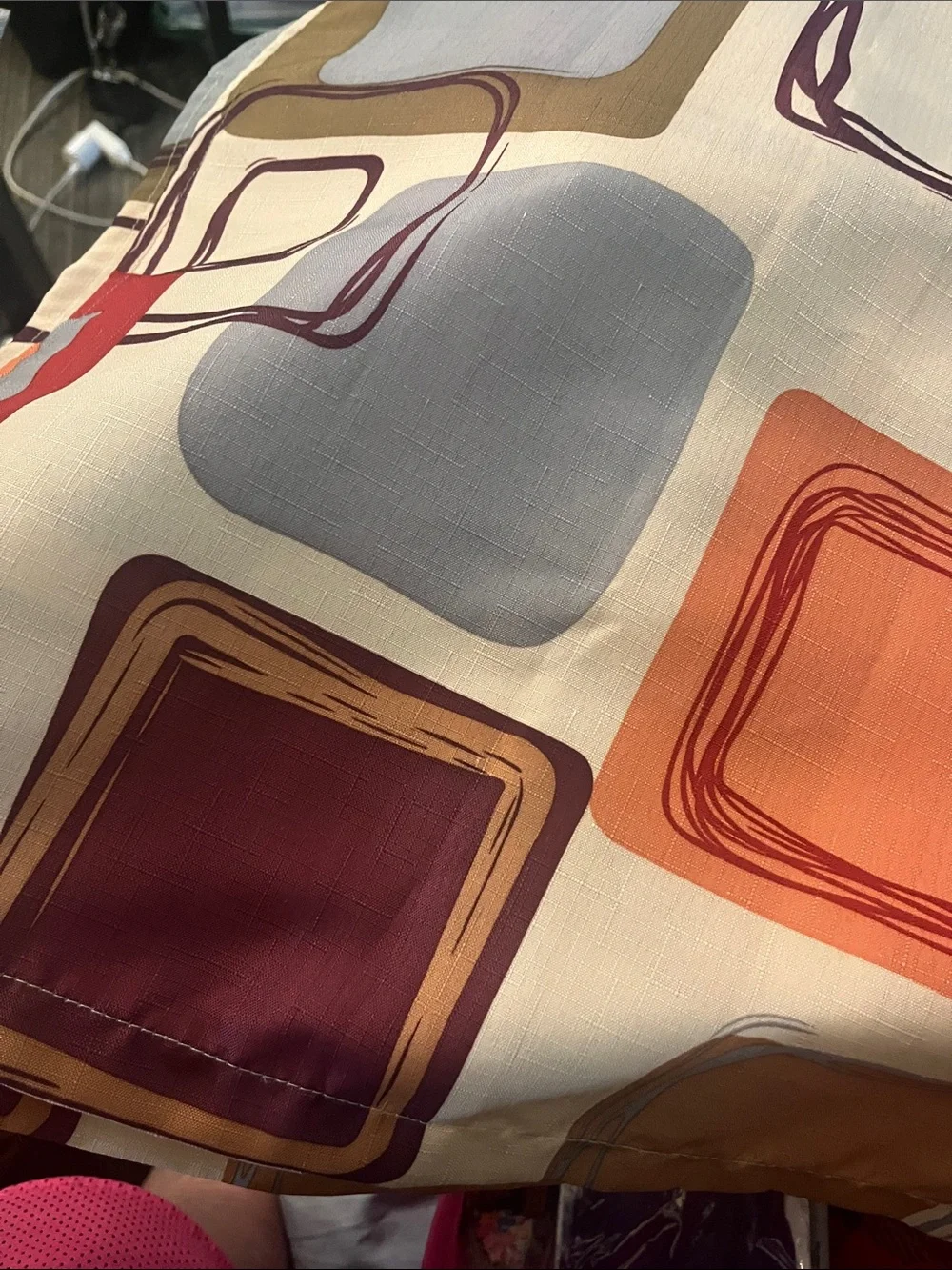 Pair of Modern Geometric Curtain Panels in Red, Gray, Tan Valance