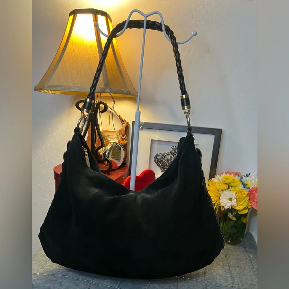 Tahari Black Suede & Braided Braided Leather Shoulder Bag