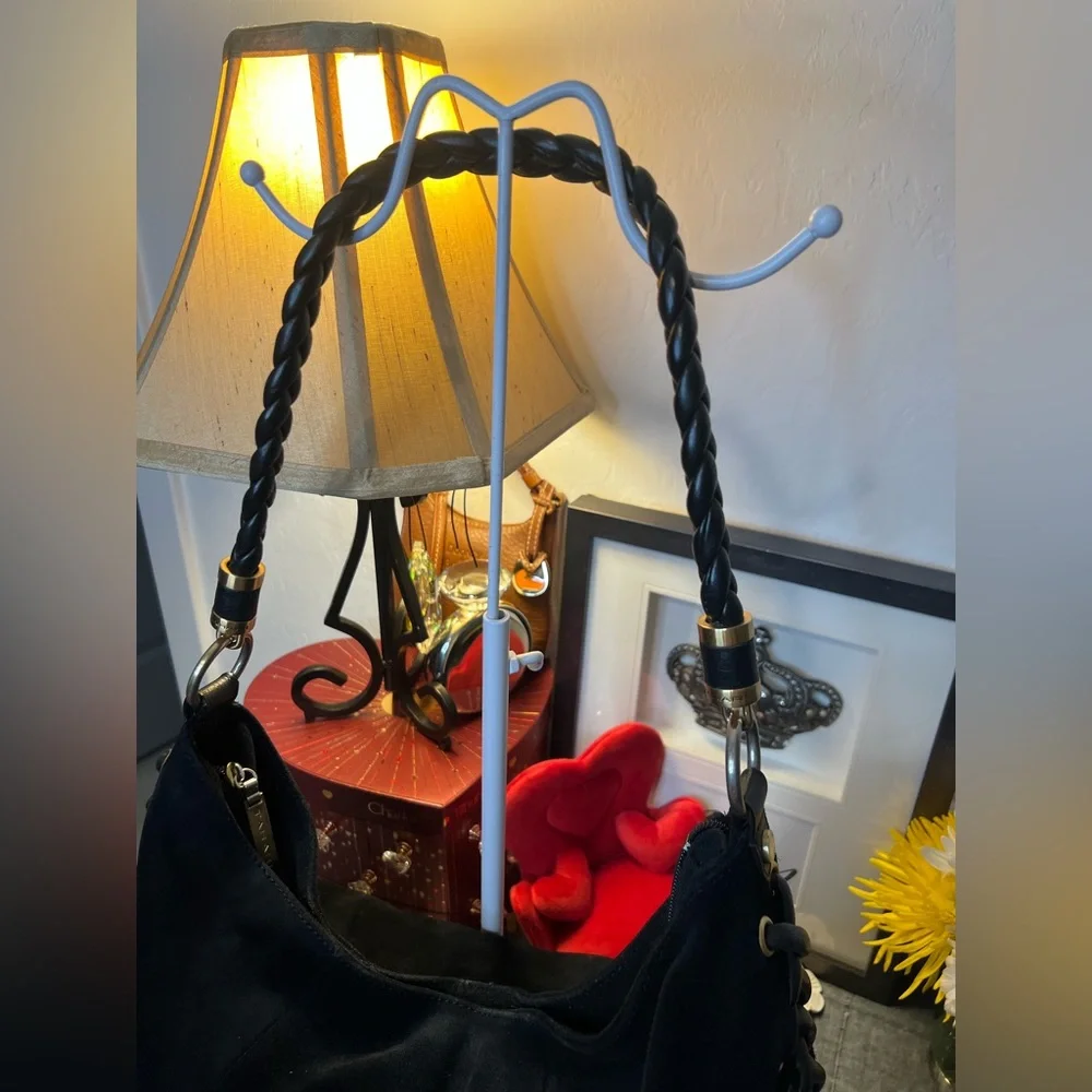 Tahari Black Suede & Braided Braided Leather Shoulder Bag