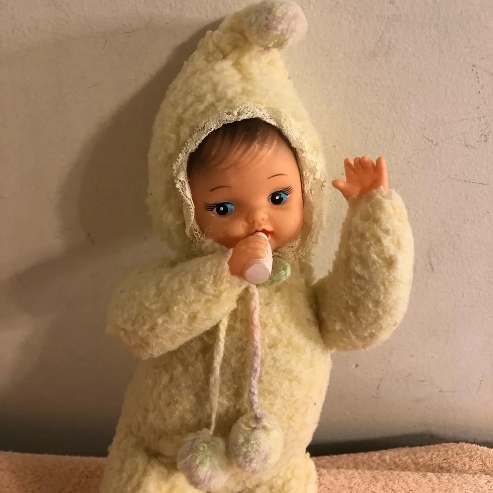 Vintage 13” Baby Doll With Bottle in Fleece Bunting