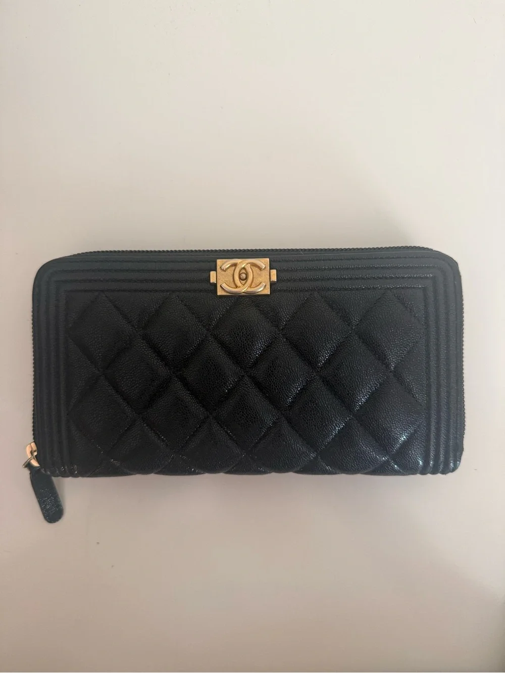 CHANEL Black Quilted Zip-Around Wallet with Gold CC Lock