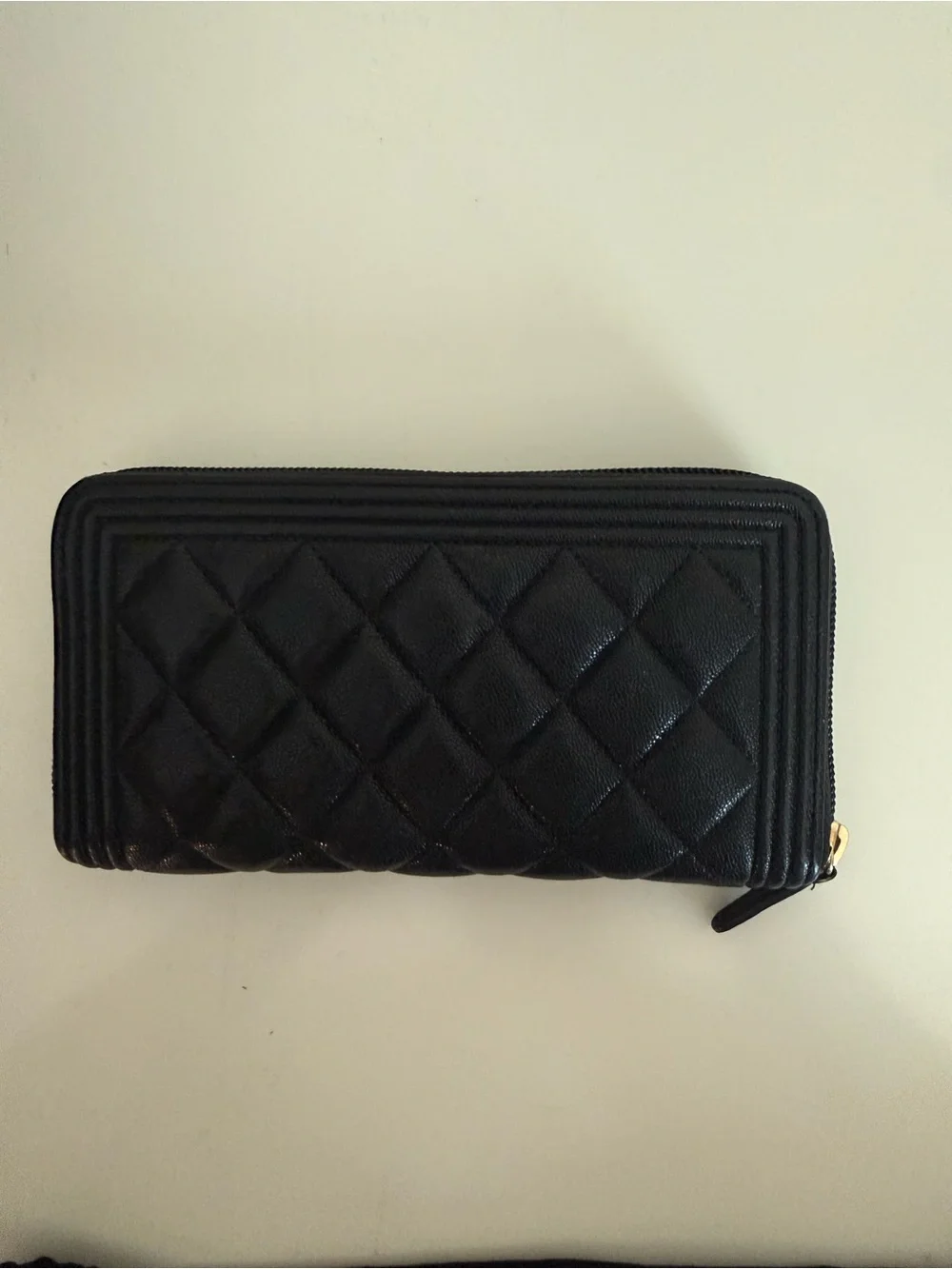 CHANEL Black Quilted Zip-Around Wallet with Gold CC Lock