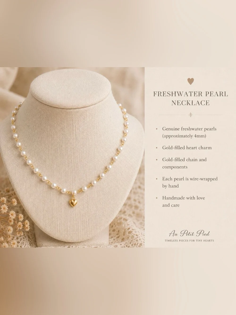 Baby Gold filled and White fresh water Pearl Heart Pendant Necklace