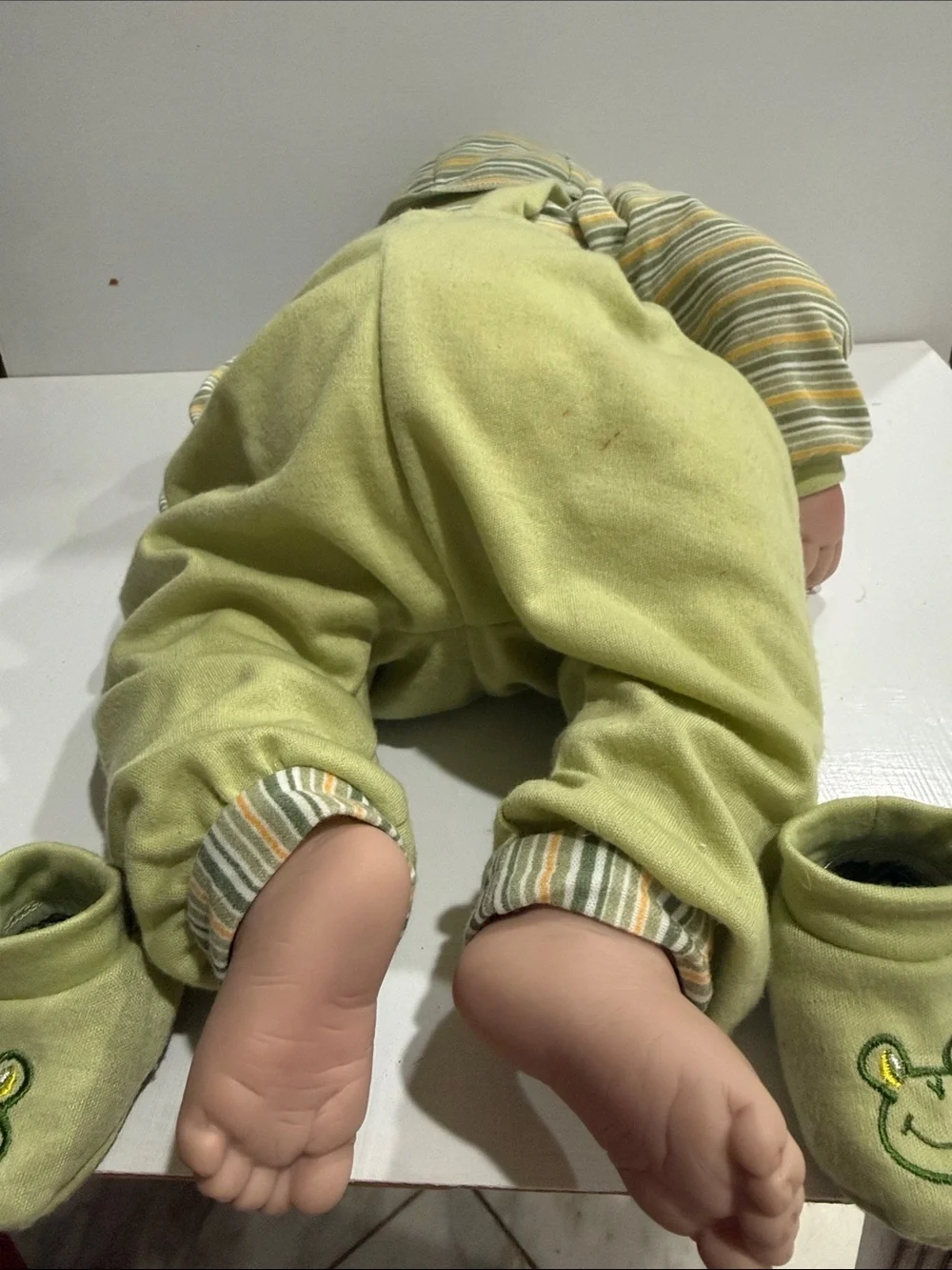 Green Frog Infant Doll Outfit — Striped Onesie & Hat