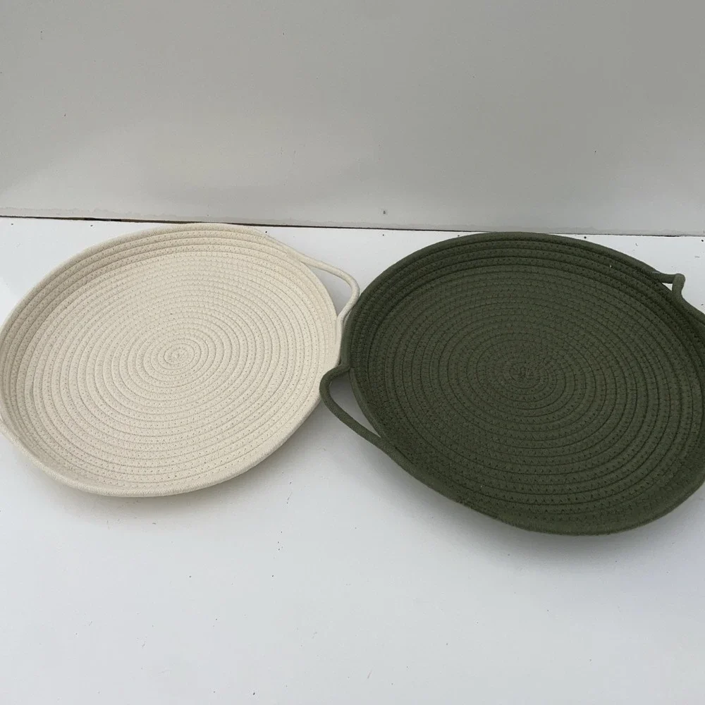 Woven Rope Tray 1 Large Cream 1 Large Green Boho Minimalist 15 Inch Double Hand