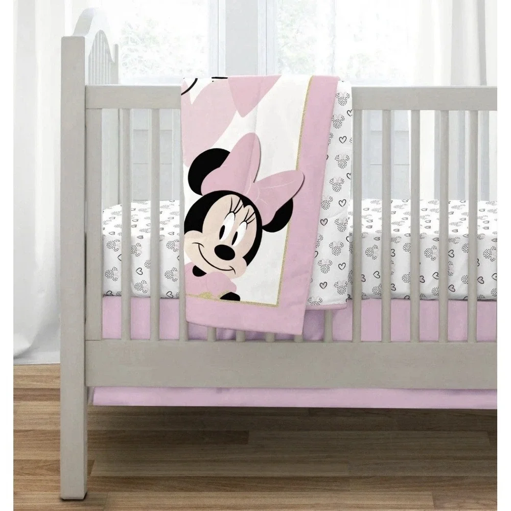 Disney Baby Minnie Mouse Hearts 3 Piece Crib Bedding Comforter Set Pink New C1