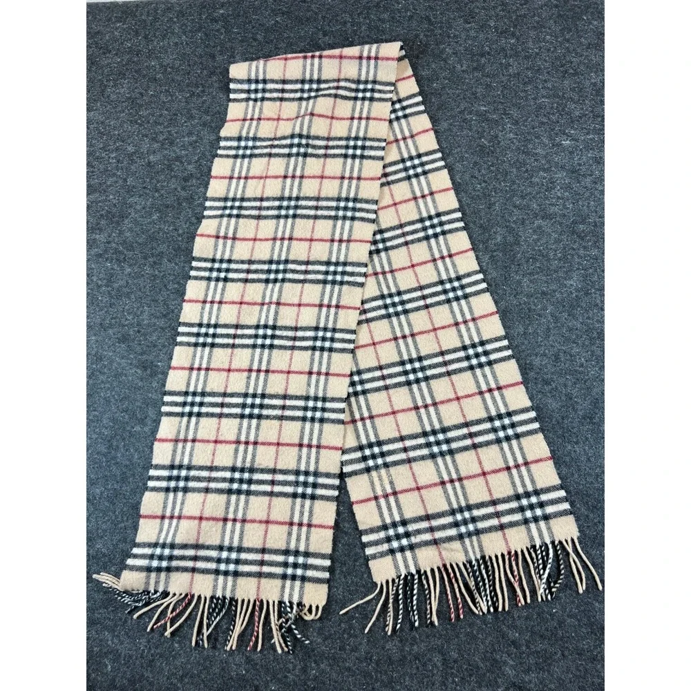Burberry London Lambswool Scarf Womens Beige Tan Plaid Fringed Winter Preppy